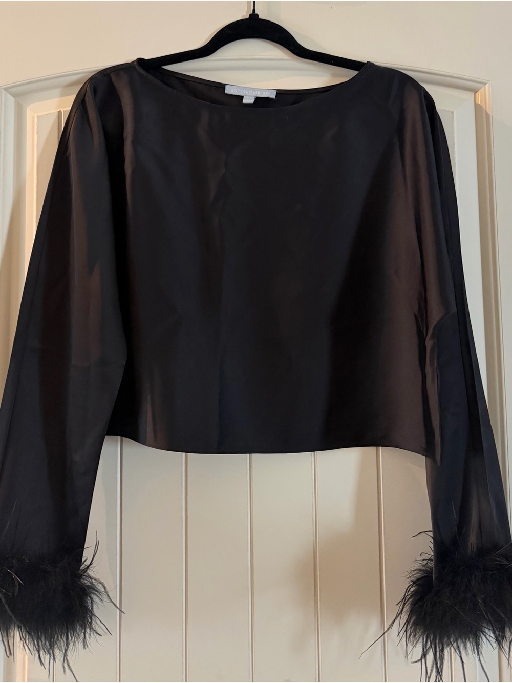 ANTONIO MELANI Black Satin Cropped Sleep Top with Feather Cuffs - Picture 4 of 4